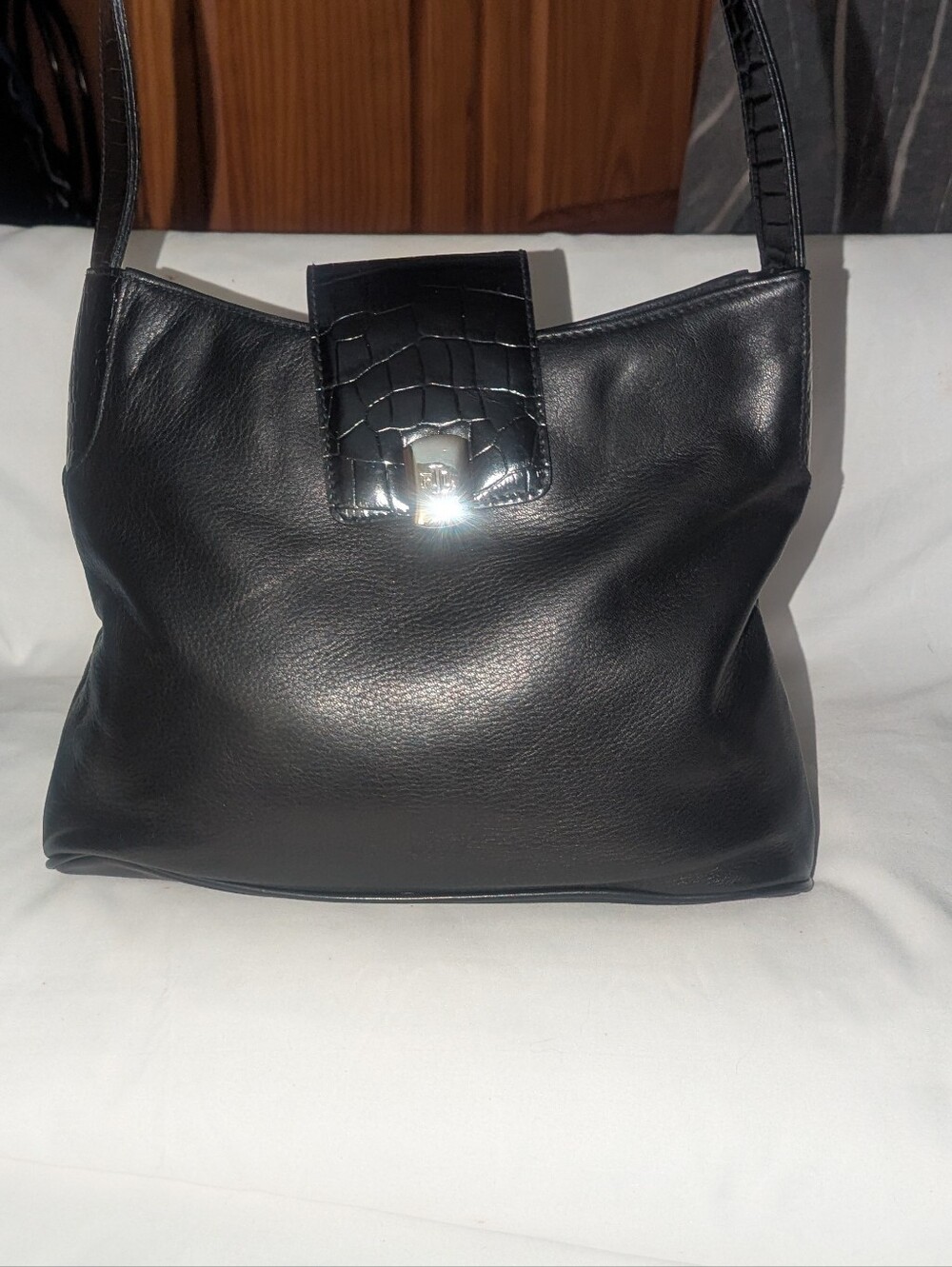 Lauren Ralph Lauren Vintage Black Leather Shoulder Bag with Croc Embossed Detail